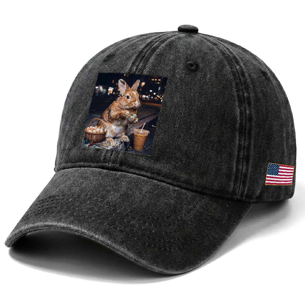 Easter Bunny Iced Coffee Washed Cotton Baseball Cap Funny Rabbit Egg Painting