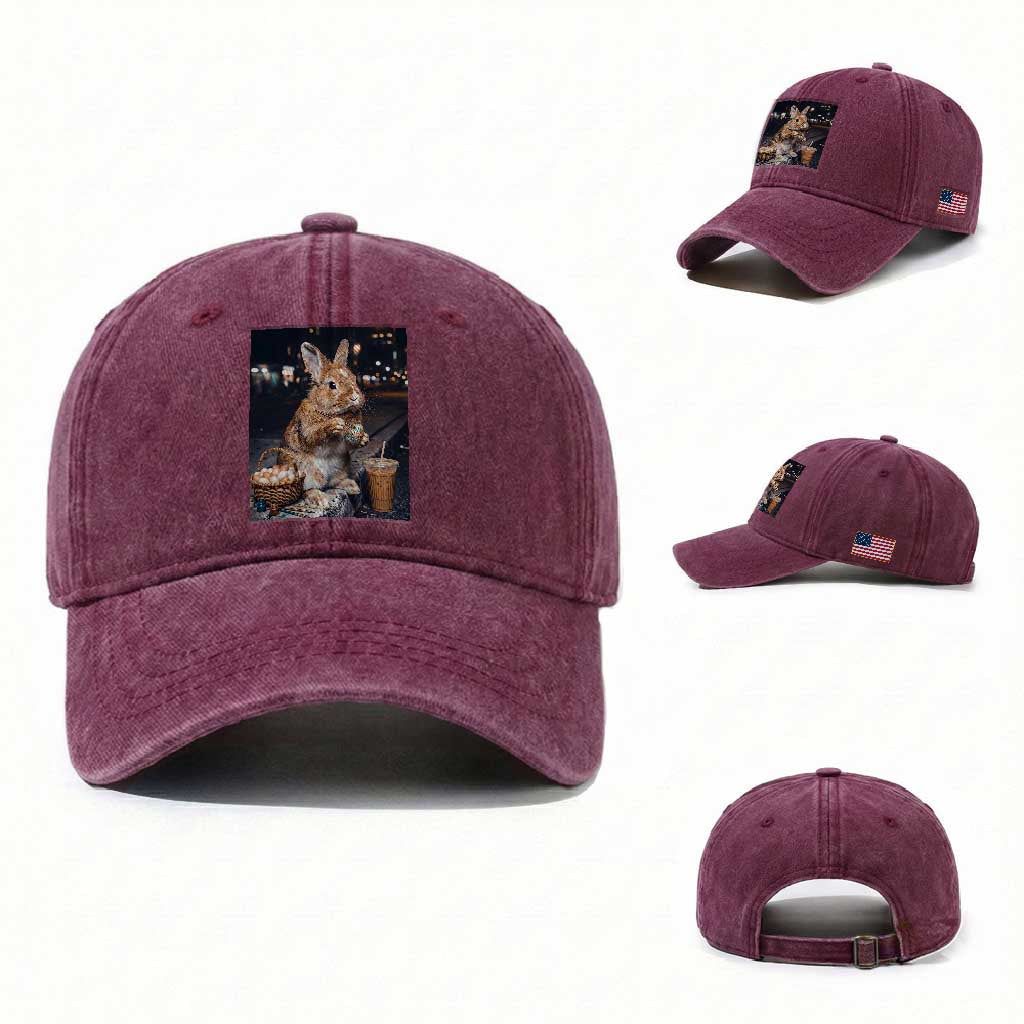 Easter Bunny Iced Coffee Washed Cotton Baseball Cap Funny Rabbit Egg Painting