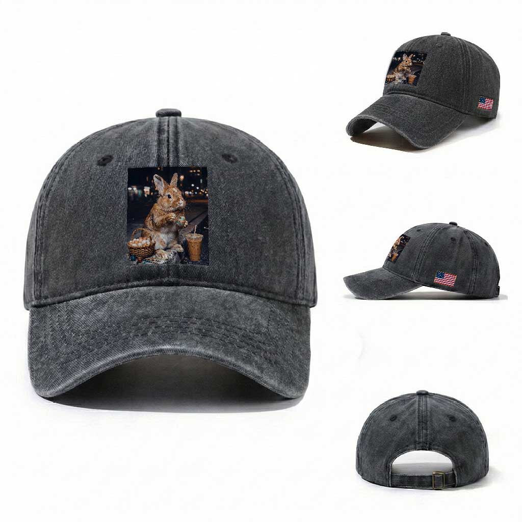 Easter Bunny Iced Coffee Washed Cotton Baseball Cap Funny Rabbit Egg Painting
