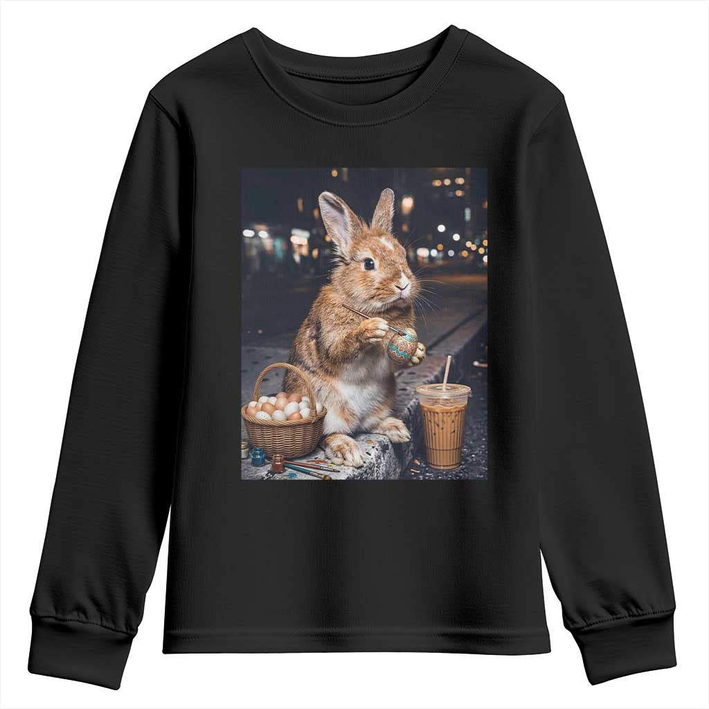 Easter Bunny Iced Coffee Youth Sweatshirt Funny Rabbit Egg Painting