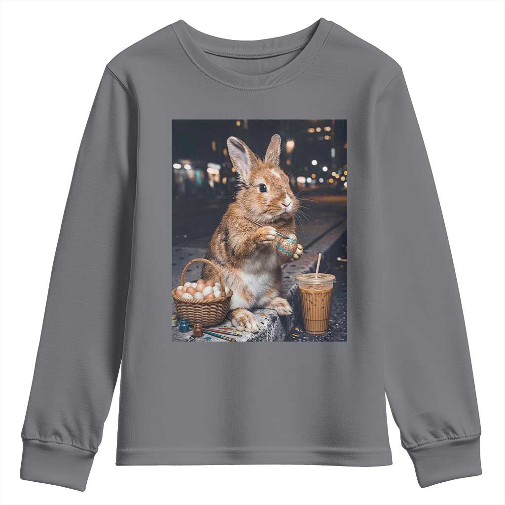 Easter Bunny Iced Coffee Youth Sweatshirt Funny Rabbit Egg Painting
