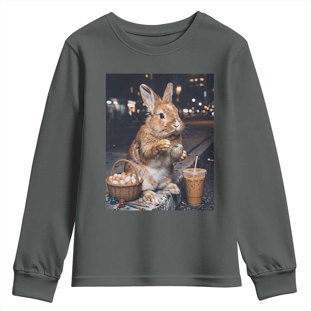 Easter Bunny Iced Coffee Youth Sweatshirt Funny Rabbit Egg Painting