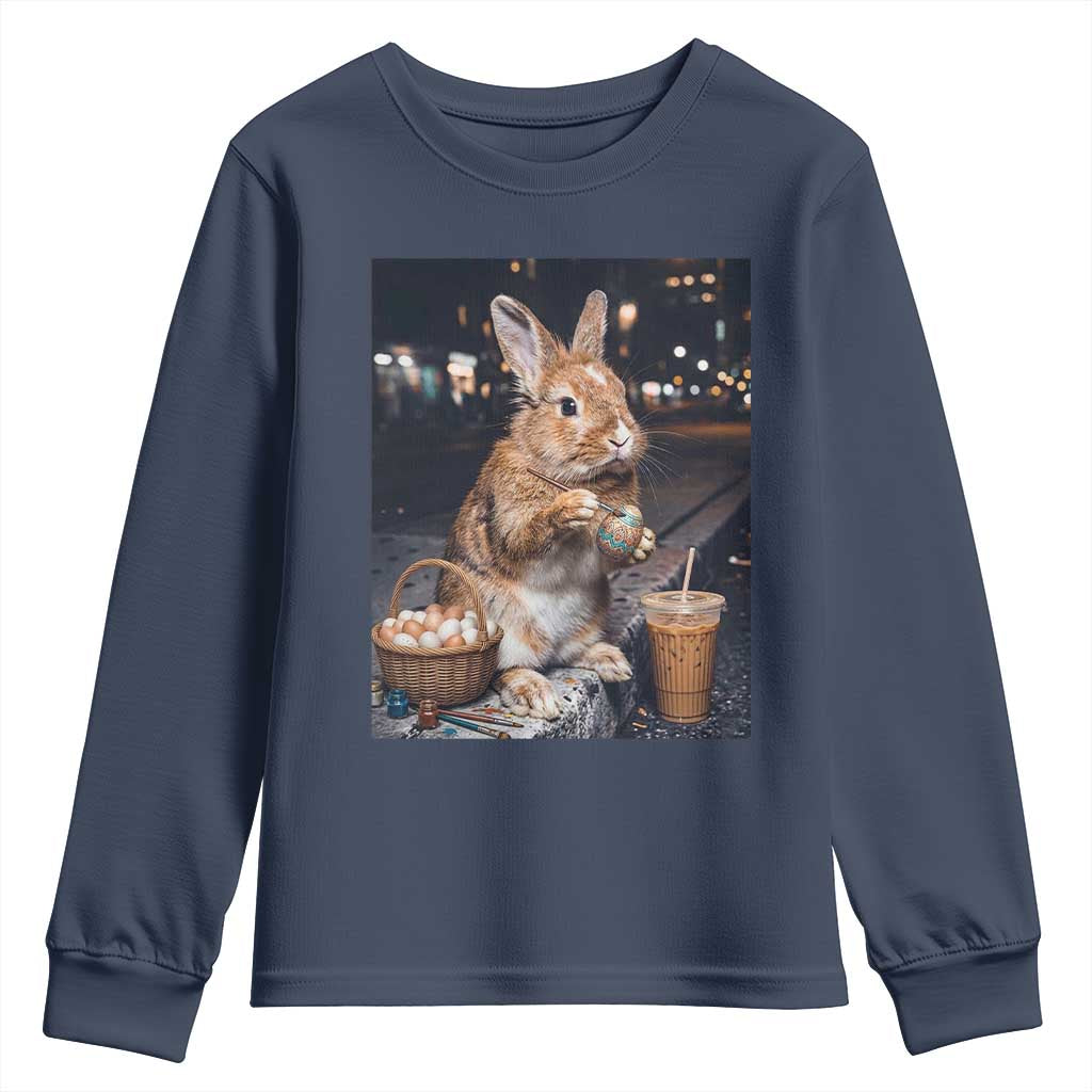 Easter Bunny Iced Coffee Youth Sweatshirt Funny Rabbit Egg Painting