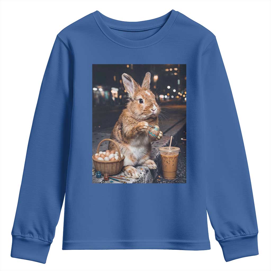 Easter Bunny Iced Coffee Youth Sweatshirt Funny Rabbit Egg Painting