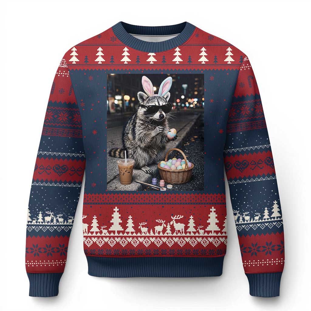 Easter Raccoon Iced Coffee Ugly Christmas Sweater Funny Trash Panda Egg Painting