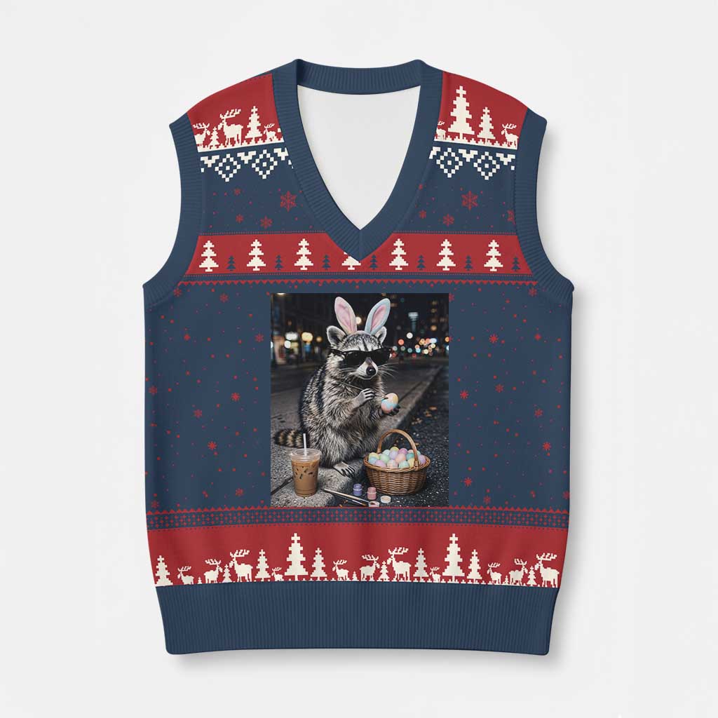 Easter Raccoon Iced Coffee V-Neck Knit Sweater Vest Funny Trash Panda Egg Painting