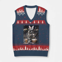 Easter Raccoon Iced Coffee V-Neck Knit Sweater Vest Funny Trash Panda Egg Painting