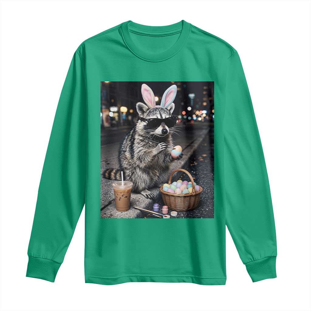 Easter Raccoon Iced Coffee Long Sleeve Shirt Funny Trash Panda Egg Painting