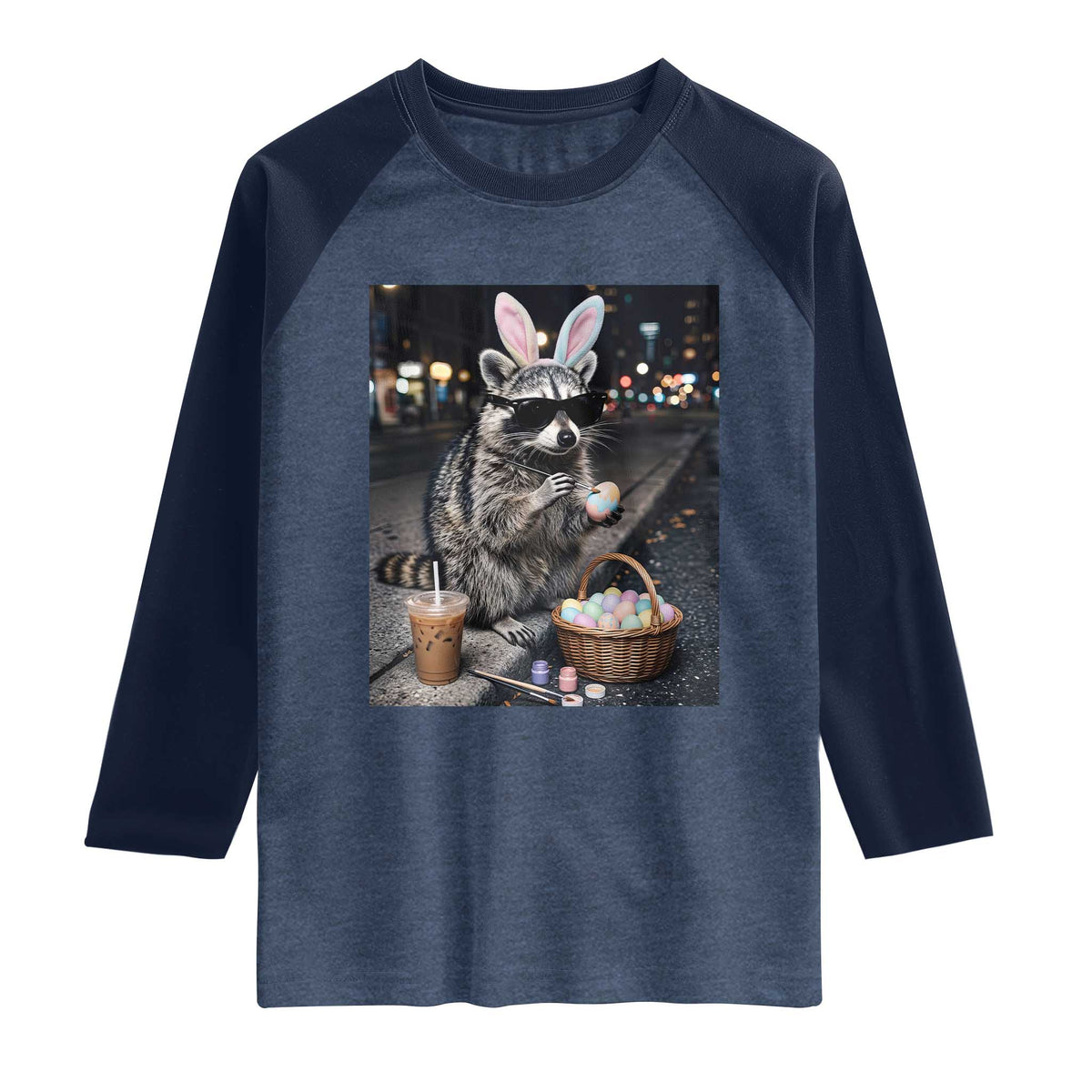 Easter Raccoon Iced Coffee Raglan Shirt Funny Trash Panda Egg Painting