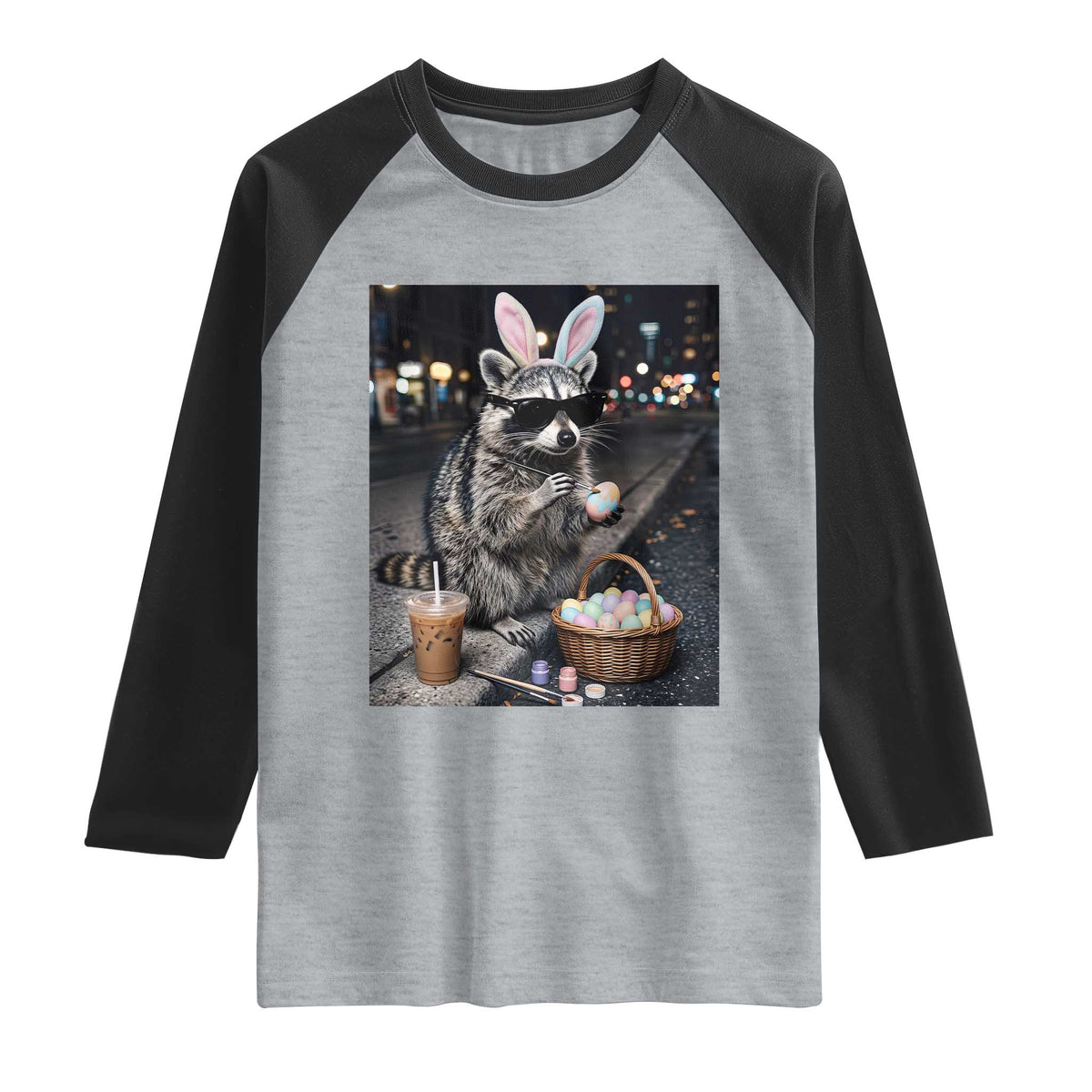 Easter Raccoon Iced Coffee Raglan Shirt Funny Trash Panda Egg Painting