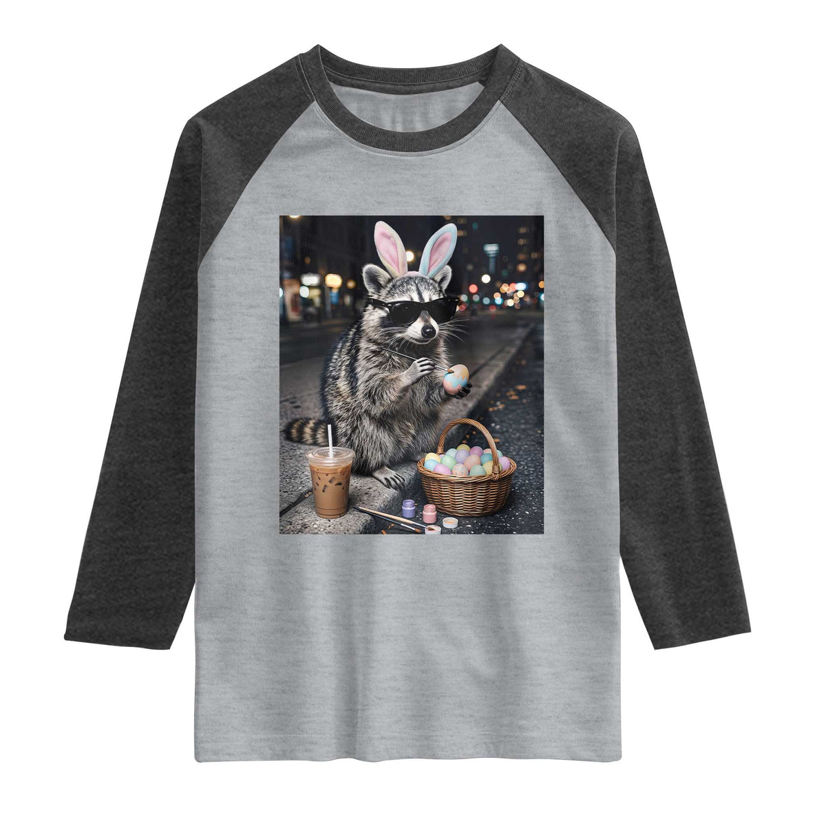 Easter Raccoon Iced Coffee Raglan Shirt Funny Trash Panda Egg Painting