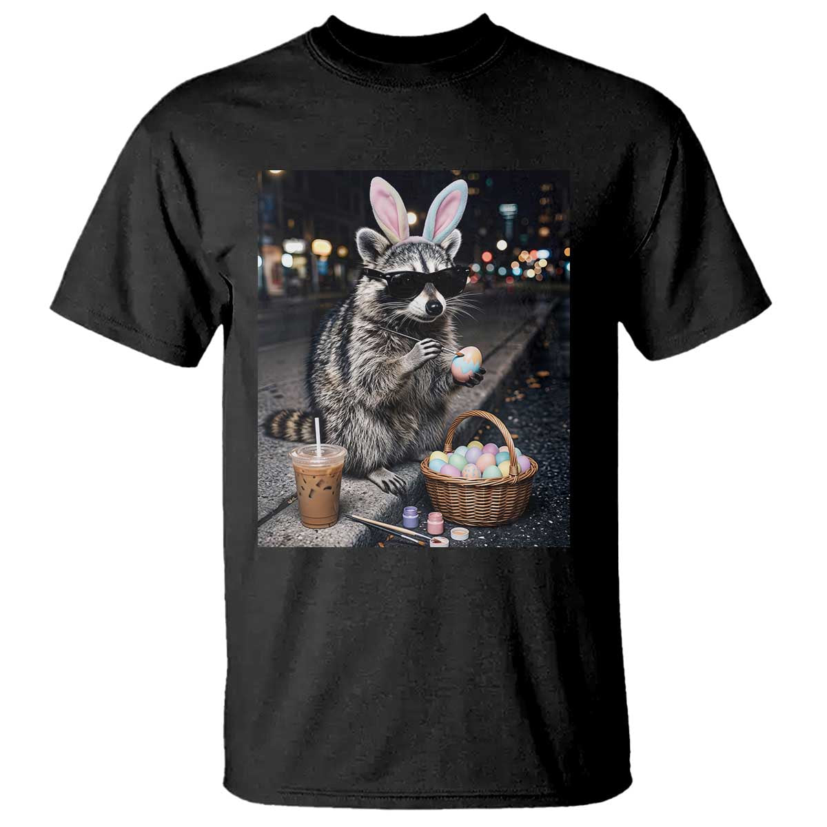 Easter Raccoon Iced Coffee T Shirt Funny Trash Panda Egg Painting