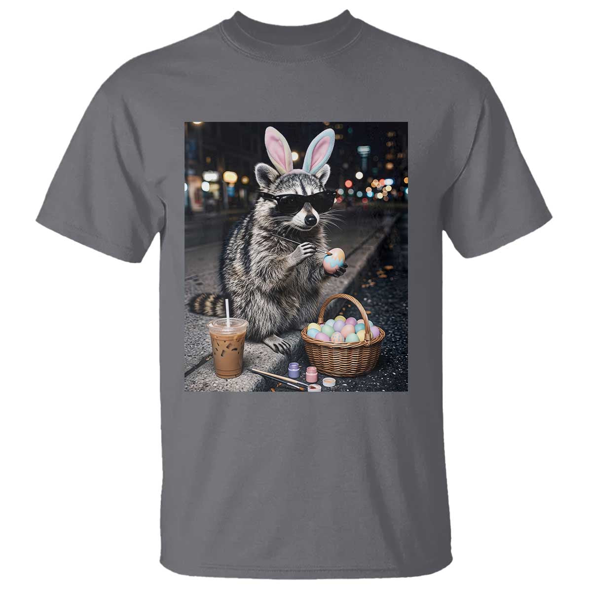 Easter Raccoon Iced Coffee T Shirt Funny Trash Panda Egg Painting