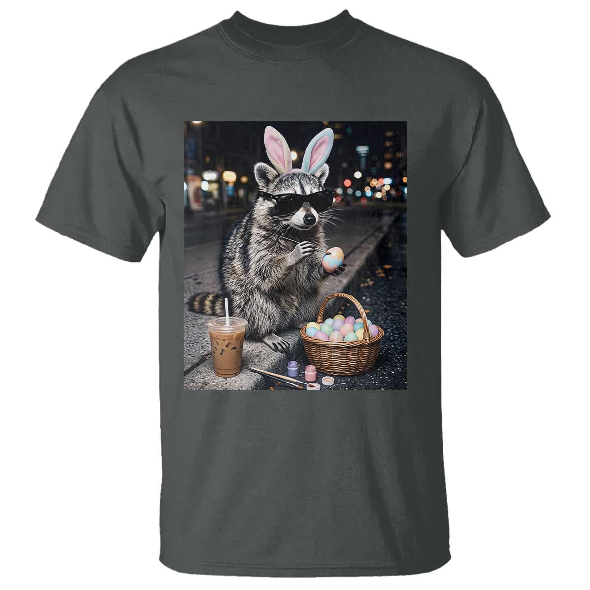 Easter Raccoon Iced Coffee T Shirt Funny Trash Panda Egg Painting