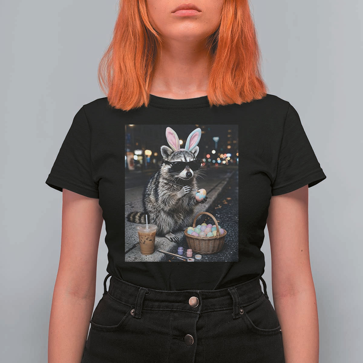 Easter Raccoon Iced Coffee T Shirt For Women Funny Trash Panda Egg Painting