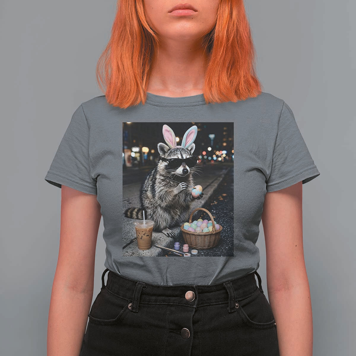 Easter Raccoon Iced Coffee T Shirt For Women Funny Trash Panda Egg Painting