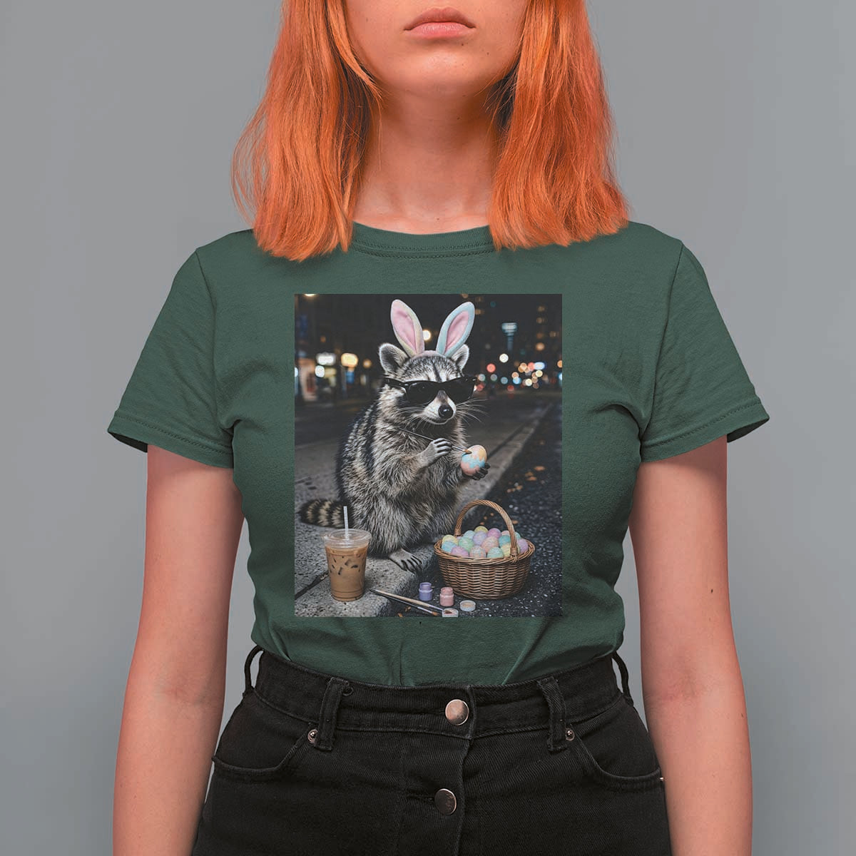 Easter Raccoon Iced Coffee T Shirt For Women Funny Trash Panda Egg Painting