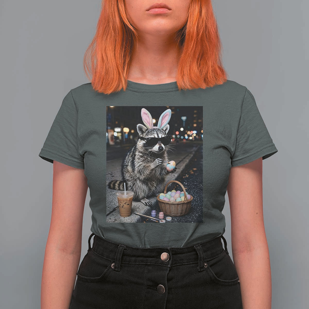 Easter Raccoon Iced Coffee T Shirt For Women Funny Trash Panda Egg Painting