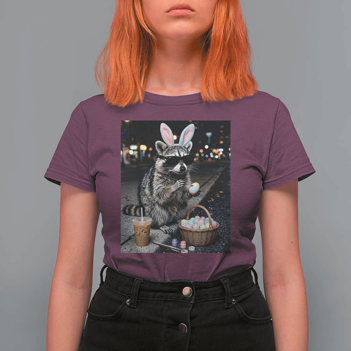 Easter Raccoon Iced Coffee T Shirt For Women Funny Trash Panda Egg Painting