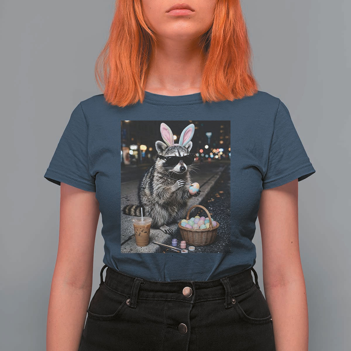 Easter Raccoon Iced Coffee T Shirt For Women Funny Trash Panda Egg Painting