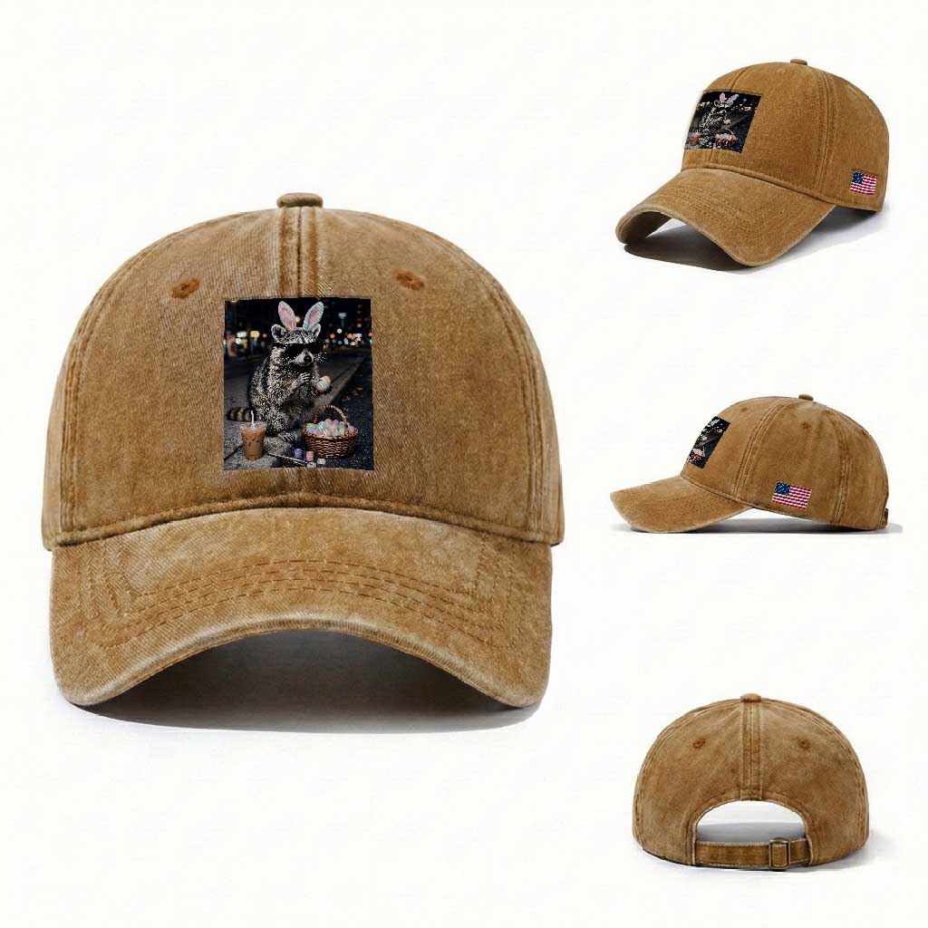 Easter Raccoon Iced Coffee Washed Cotton Baseball Cap Funny Trash Panda Egg Painting
