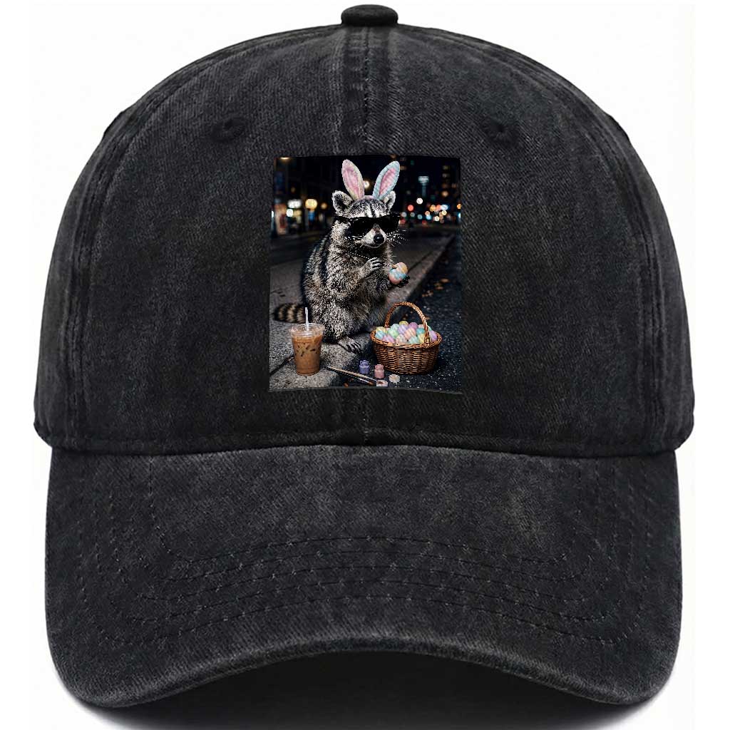 Easter Raccoon Iced Coffee Washed Cotton Baseball Cap Funny Trash Panda Egg Painting