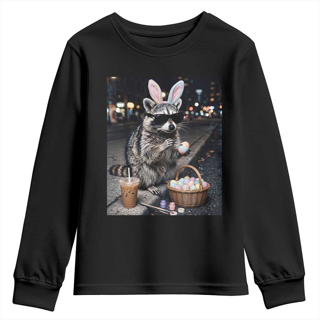 Easter Raccoon Iced Coffee Youth Sweatshirt Funny Trash Panda Egg Painting