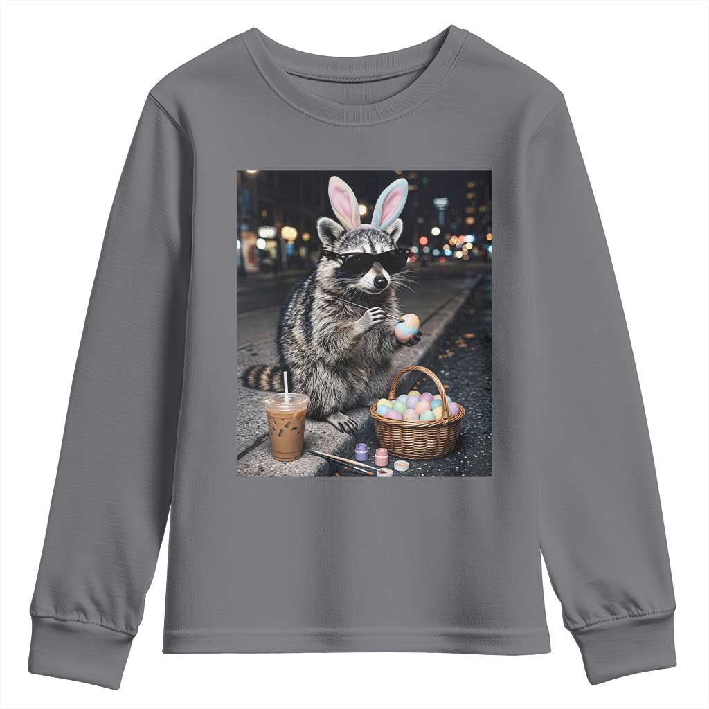 Easter Raccoon Iced Coffee Youth Sweatshirt Funny Trash Panda Egg Painting