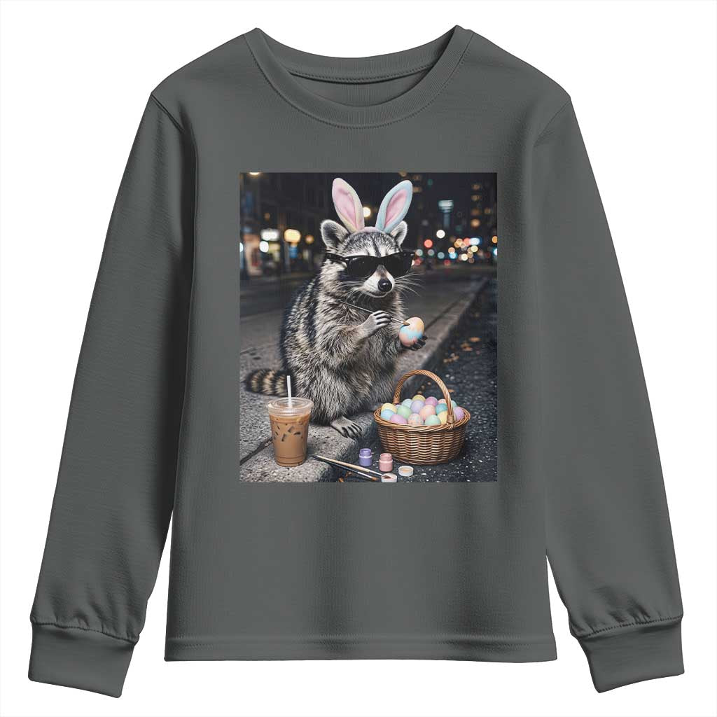 Easter Raccoon Iced Coffee Youth Sweatshirt Funny Trash Panda Egg Painting