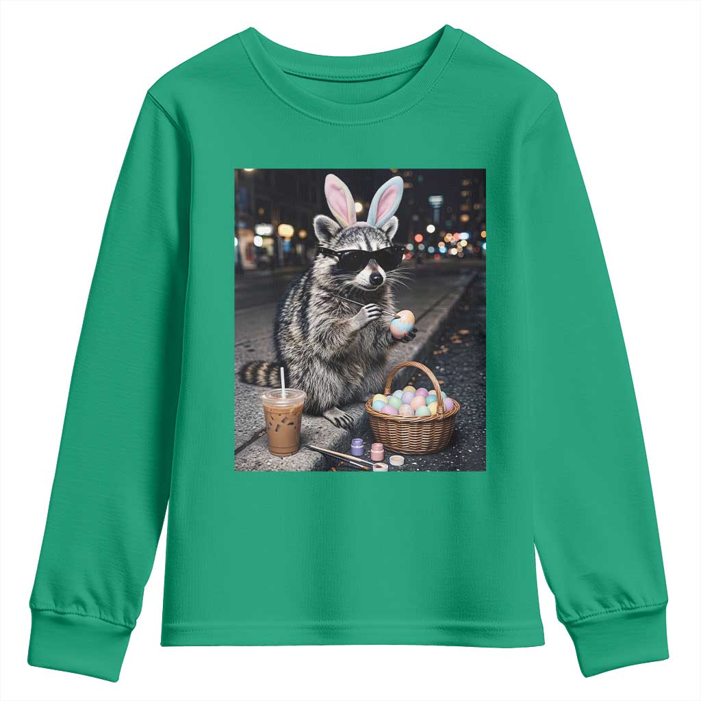 Easter Raccoon Iced Coffee Youth Sweatshirt Funny Trash Panda Egg Painting