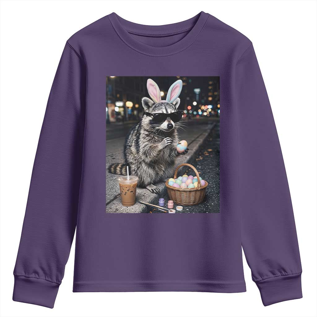 Easter Raccoon Iced Coffee Youth Sweatshirt Funny Trash Panda Egg Painting