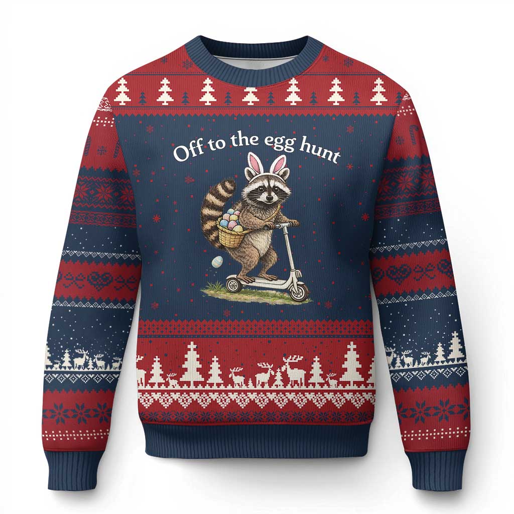 Off To The Egg Hunt Ugly Christmas Sweater Funny Easter Raccoon