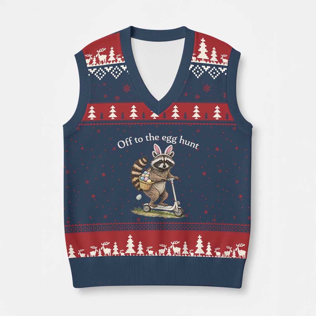 Off To The Egg Hunt V-Neck Knit Sweater Vest Funny Easter Raccoon