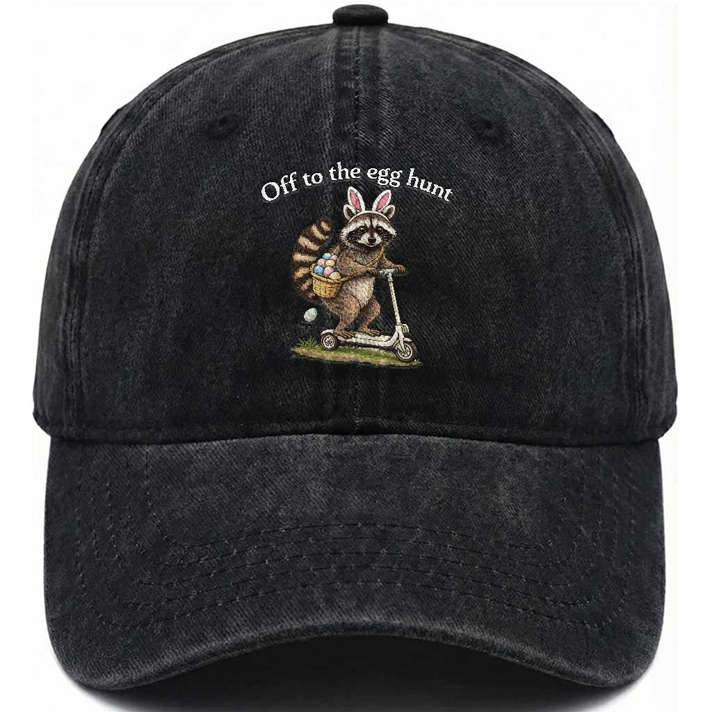 Off To The Egg Hunt Washed Cotton Baseball Cap Funny Easter Raccoon