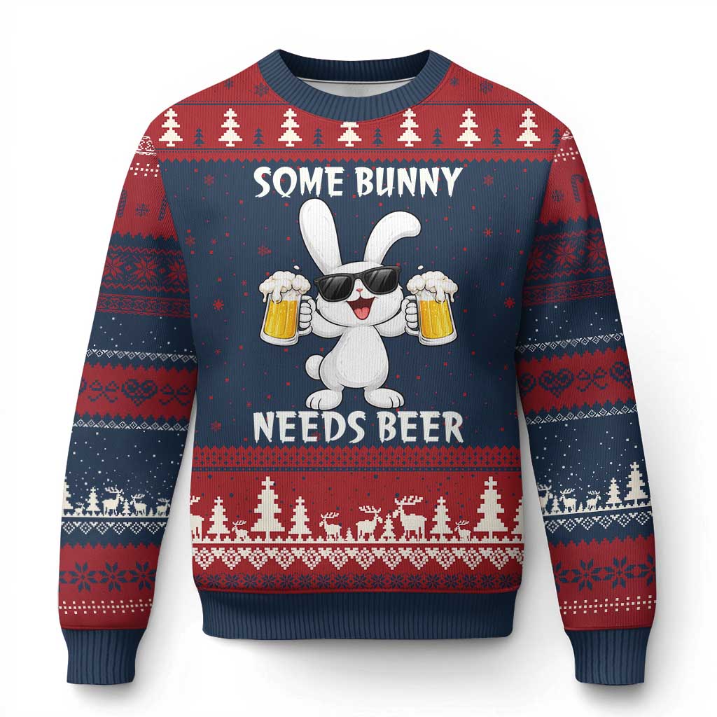 Funny Easter Bunny Drinking Beer Ugly Christmas Sweater Some Bunny Needs Beer