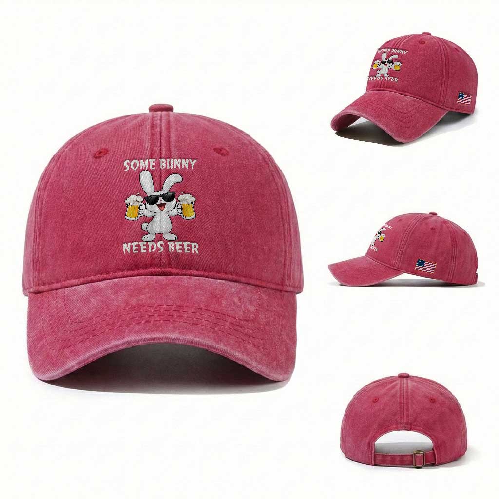 Funny Easter Bunny Drinking Beer Washed Cotton Baseball Cap Some Bunny Needs Beer