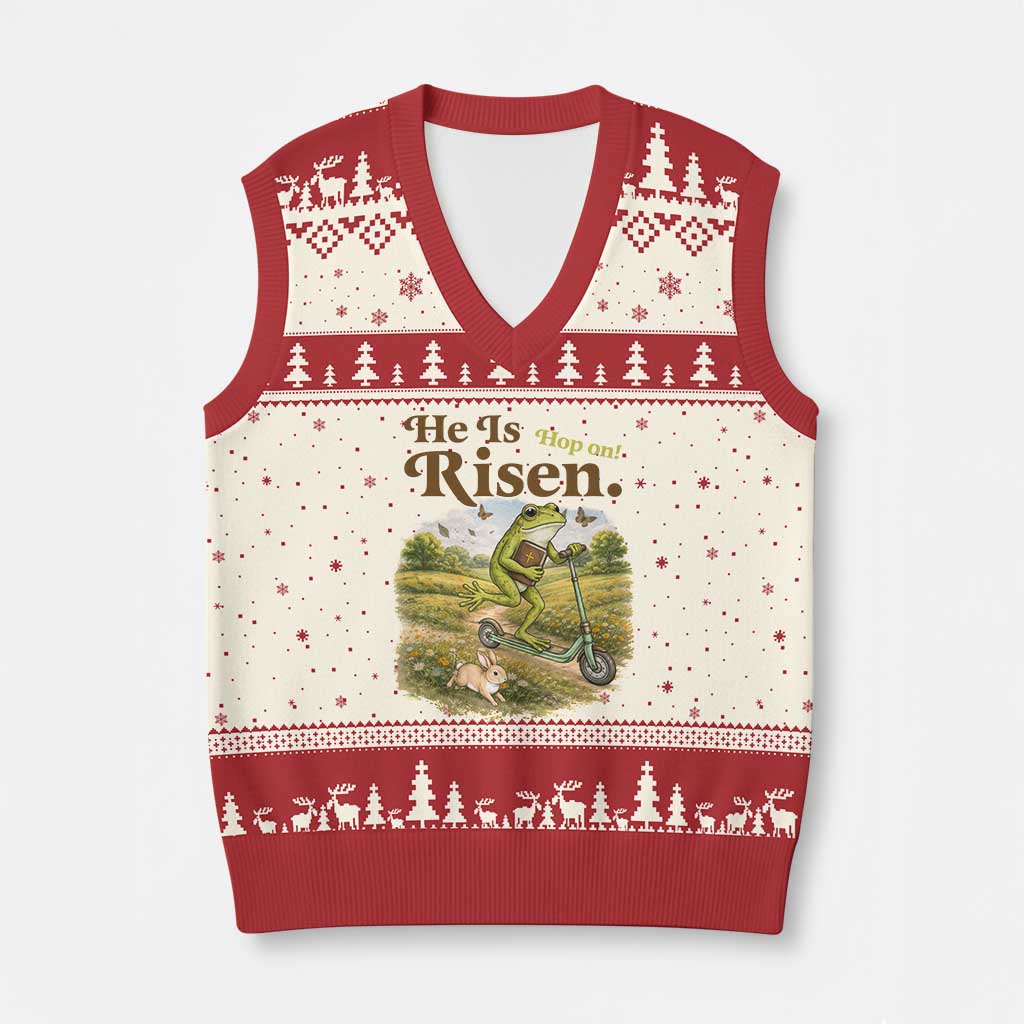 He Is Risen Hop On V-Neck Knit Sweater Vest Christian Easter Frog