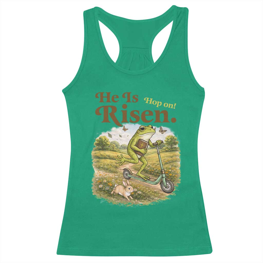 He Is Risen Hop On Racerback Tank Top Christian Easter Frog
