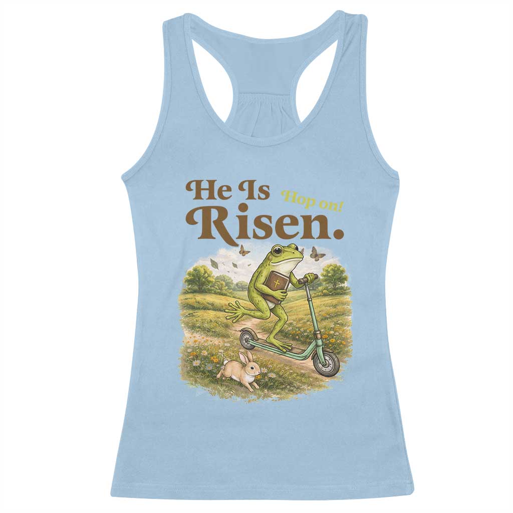 He Is Risen Hop On Racerback Tank Top Christian Easter Frog
