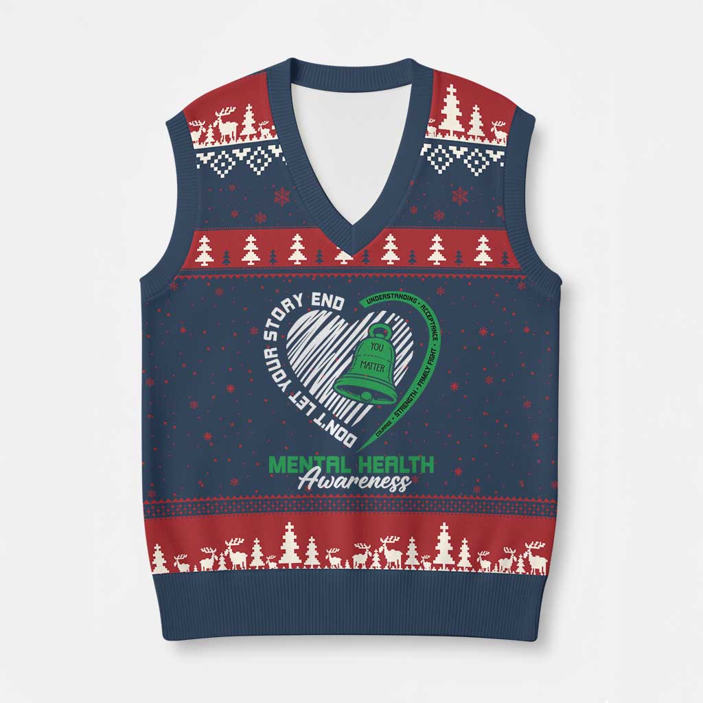 Mental Health Awarenes V-Neck Knit Sweater Vest Green Ribbon Inspirational Psychologist Therapist
