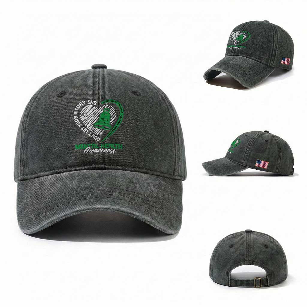 Mental Health Awarenes Washed Cotton Baseball Cap Green Ribbon Inspirational Psychologist Therapist