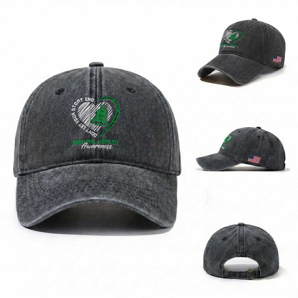 Mental Health Awarenes Washed Cotton Baseball Cap Green Ribbon Inspirational Psychologist Therapist