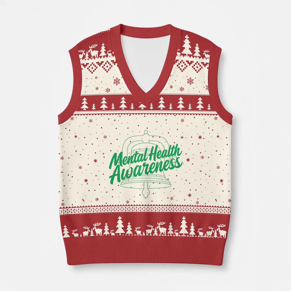 Mental Health Matters Awareness V-Neck Knit Sweater Vest Support Squad Green Ribbon