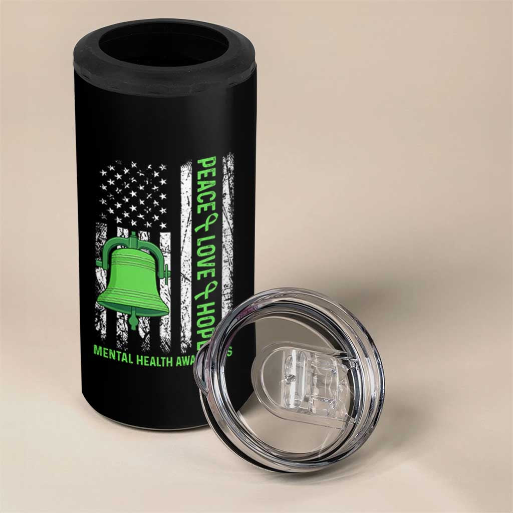 Mental Health Awarenes 4 in 1 Can Cooler Tumbler Peace Love Hope Green Ribbon