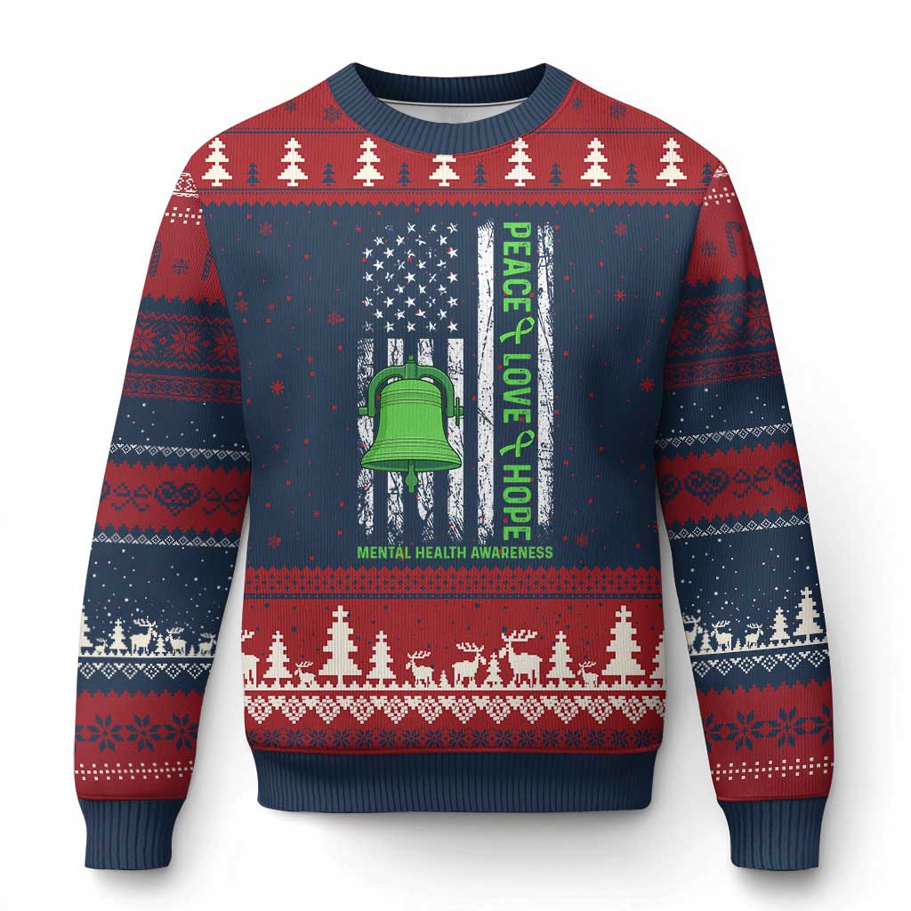 Mental Health Awarenes Ugly Christmas Sweater Peace Love Hope Green Ribbon