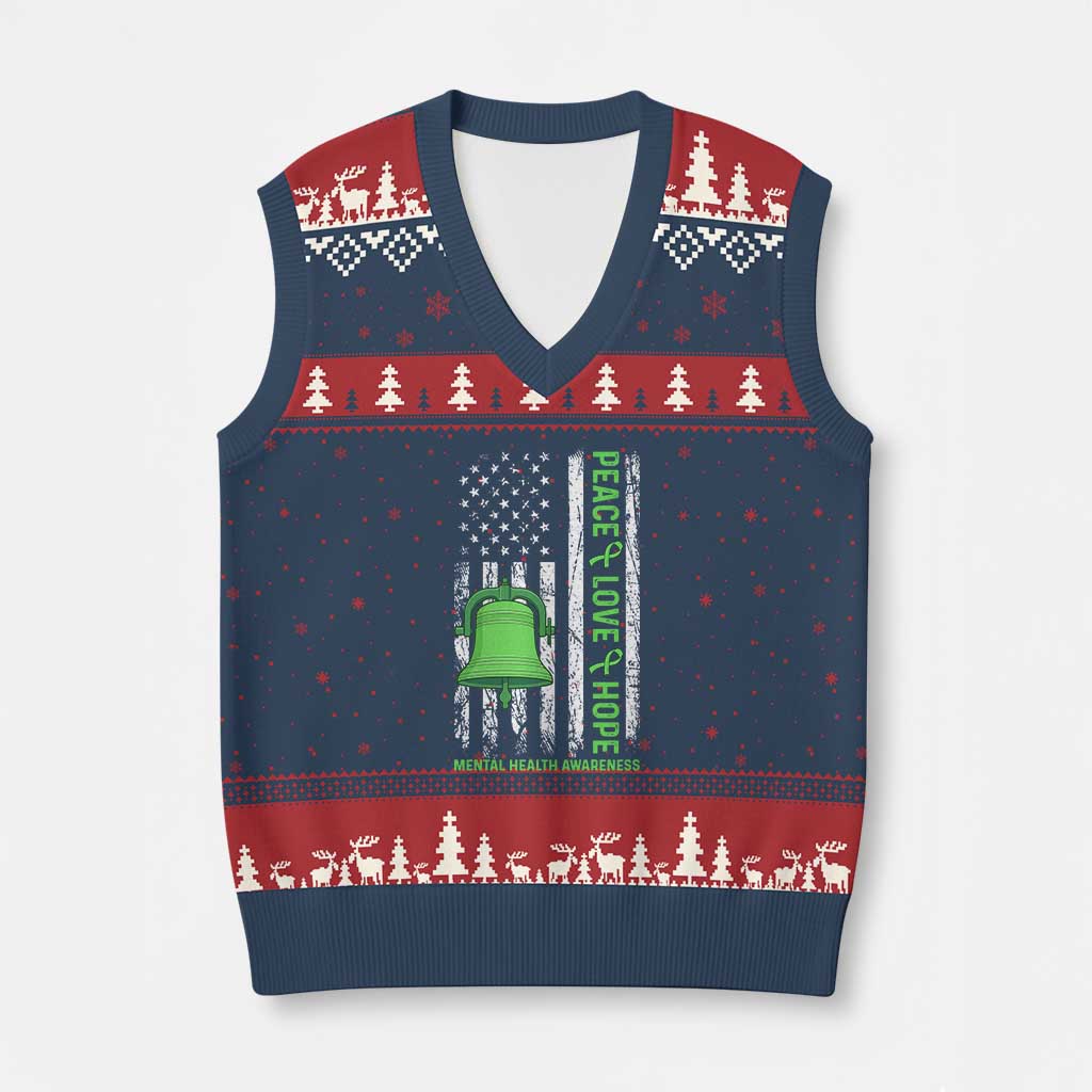 Mental Health Awarenes V-Neck Knit Sweater Vest Peace Love Hope Green Ribbon