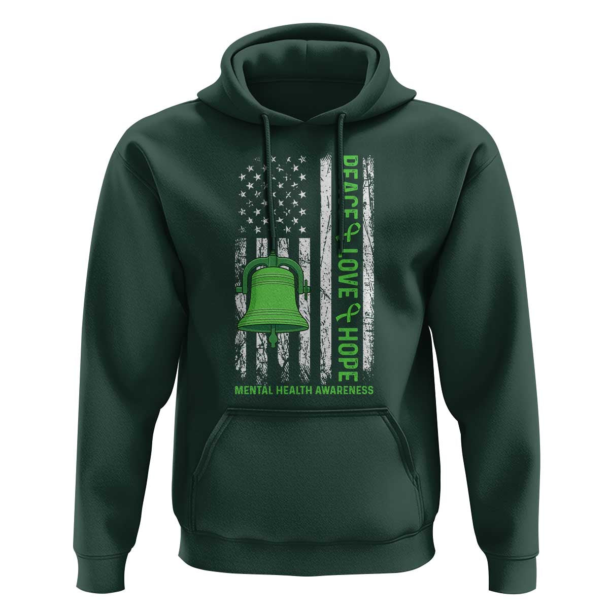 Mental Health Awarenes Hoodie Peace Love Hope Green Ribbon