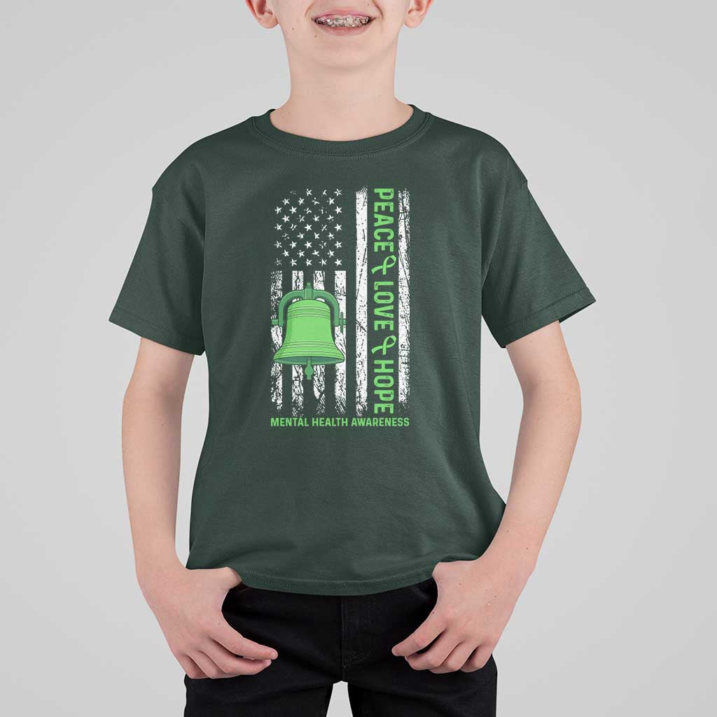 Mental Health Awarenes T Shirt For Kid Peace Love Hope Green Ribbon