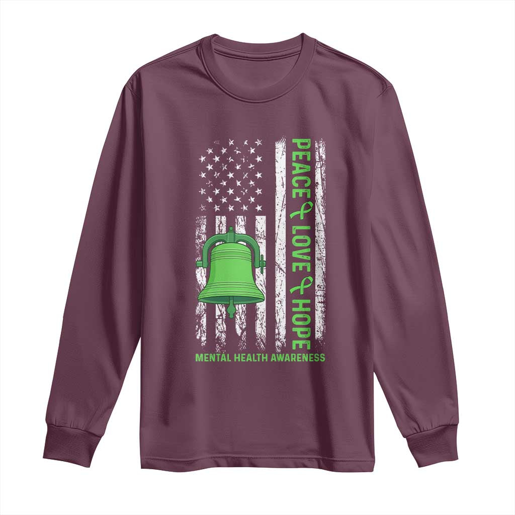 Mental Health Awarenes Long Sleeve Shirt Peace Love Hope Green Ribbon