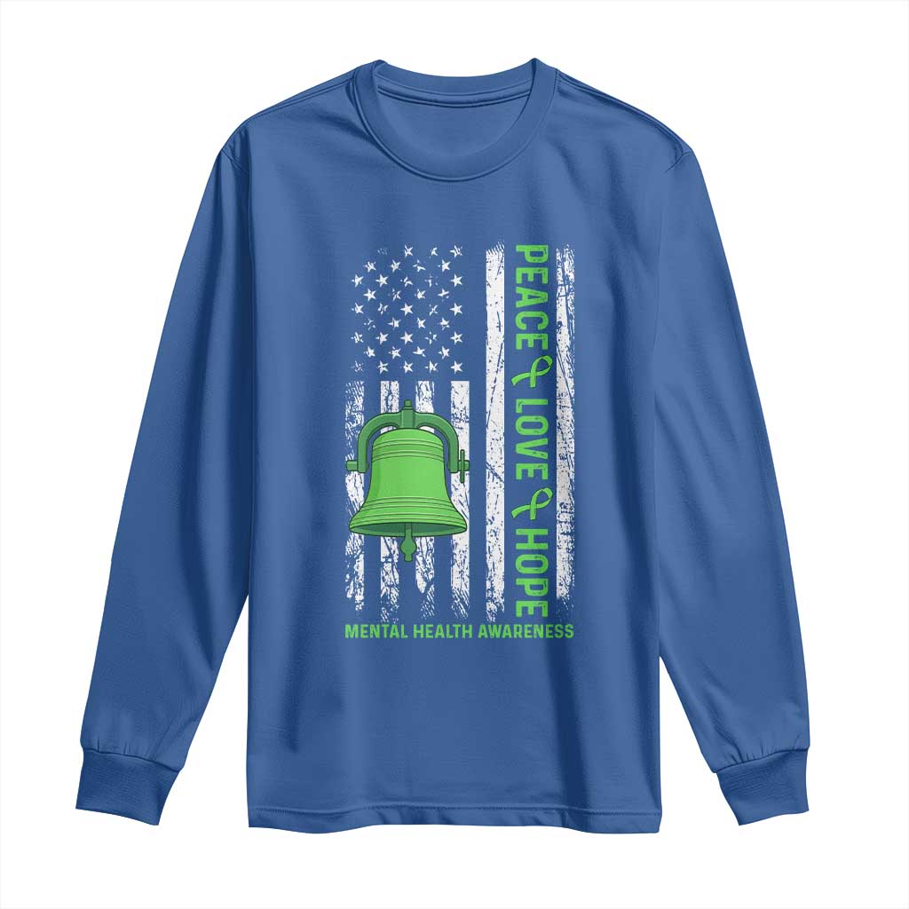 Mental Health Awarenes Long Sleeve Shirt Peace Love Hope Green Ribbon